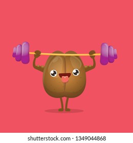 cartoon happy strong coffee bean character with barbell isolated on pink background. Strong coffee comic concept illustartion. funky food character