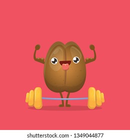 cartoon happy strong coffee bean character with barbell isolated on pink background. Strong coffee comic concept illustartion. funky food character