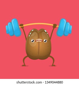 cartoon happy strong coffee bean character with barbell isolated on pink background. Strong coffee comic concept illustartion. funky food character