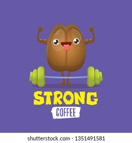 cartoon happy strong coffee bean character with barbell isolated on violet background. Strong coffee comic concept illustartion. funky food character