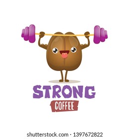 cartoon happy strong coffee bean character with barbell isolated on white background. Strong coffee comic concept illustartion. funky food character 