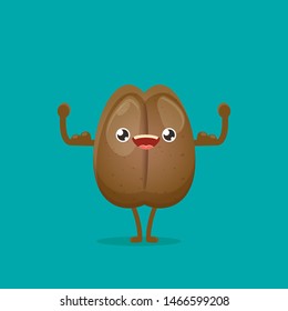 cartoon happy strong coffee bean character isolated on turquoise background. funky kawaii food character