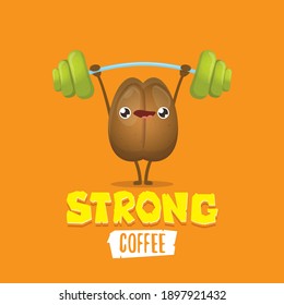 cartoon happy strong coffee bean character with barbell isolated on abstract orange background. Strong coffee comic concept illustration. funky food character