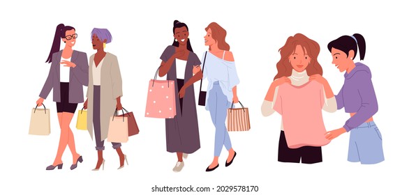 Cartoon happy stylish young shopper woman characters walk with shopping bags, lady trying on clothes in retail store isolated on white. Girls shopping set, fashion shop sale vector illustration.