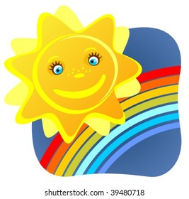 Cartoon happy sun and rainbow on a blue sky background.