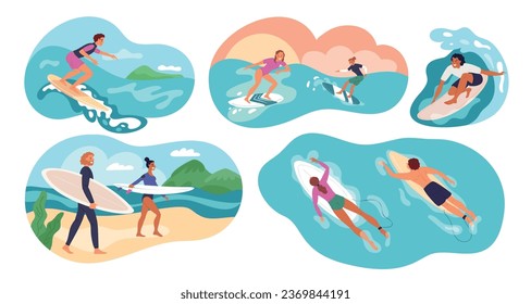 Cartoon happy surfer characters. Summer vacation. Beach scenes. People riding boards on waves. Girls and boys in swimming suits. Extreme water sport. Ocean resort. Garish