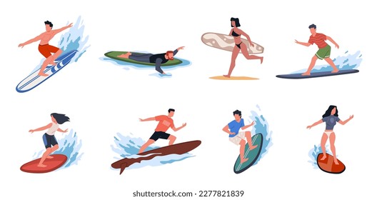 Cartoon happy surfers. Guys and girls ride boards on ocean and sea waves, beach sport people, extreme water activities, summer tropical resort leisure time, , nowaday vector characters set