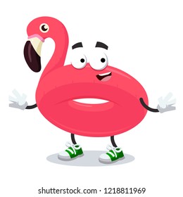 cartoon happy swimming float inflatable pink flamingo mascot smiling on white background