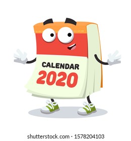 cartoon happy tear-off calendar for 2020 year mascot smiling on white background