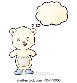 caricatura de oso de peluche feliz con botas con burbuja de pensamiento