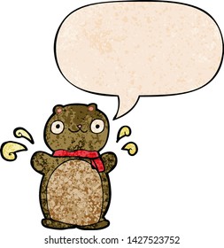 cartoon happy teddy bear with speech bubble in retro texture style