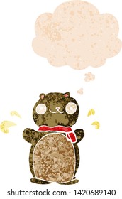 cartoon happy teddy bear with thought bubble in grunge distressed retro textured style