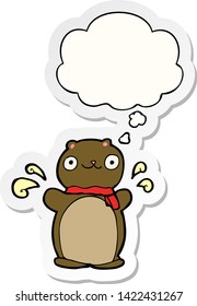 cartoon happy teddy bear with thought bubble as a printed sticker