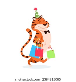 Cartoon happy tiger in party hat with shopping bags, presents isolated on white background. Adorable cute wild cat. Big sale, holiday discount design. Advertising animal character vector illustration.