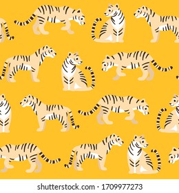 Cartoon happy tiger- seamless trendy pattern with animal in various poses. Flat design vector print for prints, clothing, packaging and postcards. 