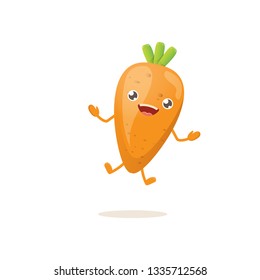 cartoon happy tiny baby carrot character isolated on white background. Healthy food label or world vegan day concept
