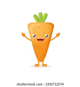 cartoon happy tiny baby carrot character isolated on white background. Healthy food label or world vegan day concept