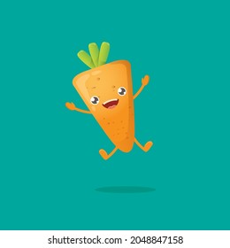 cartoon happy tiny baby carrot character isolated on turquoise background. Healthy food label or world vegan day concept