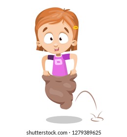 Cartoon happy toddler jumping in the bag. Cheerful girl want to win vector illustration. Competition childhood and fun concept. Isolated on white background