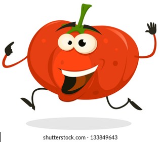 Cartoon Happy tomato Character Running/ Illustration of a funny happy and healthy cartoon tomato vegetable character running