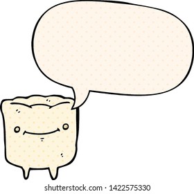 cartoon happy tooth with speech bubble in comic book style