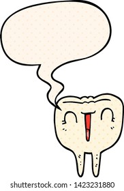 cartoon happy tooth with speech bubble in comic book style
