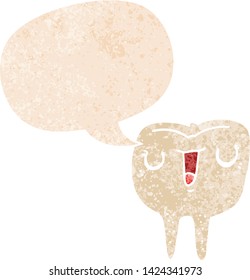 cartoon happy tooth with speech bubble in grunge distressed retro textured style