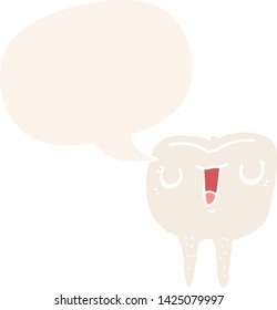 cartoon happy tooth with speech bubble in retro style