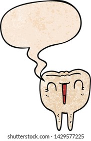 cartoon happy tooth with speech bubble in retro texture style