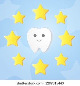 Cartoon happy tooth with stars.Paper effect. Dental background.