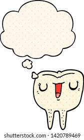 cartoon happy tooth with thought bubble in comic book style