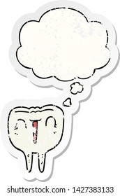 cartoon happy tooth with thought bubble as a distressed worn sticker