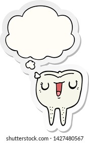 cartoon happy tooth with thought bubble as a printed sticker