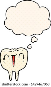 cartoon happy tooth with thought bubble in comic book style