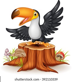 Cartoon happy toucan on tree stump