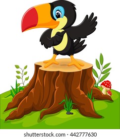 Cartoon happy toucan on tree stump
