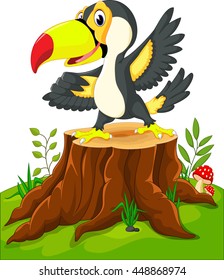 Cartoon happy toucan on tree stump