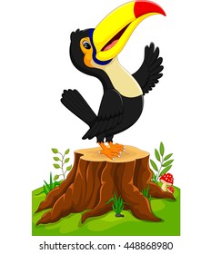 Cartoon happy toucan on tree stump