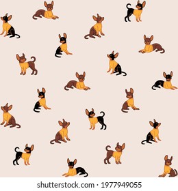 Cartoon happy toy terrier - simple trendy pattern with dog in yellow sweater. Flat vector illustration for prints, clothing, packaging and postcards. 