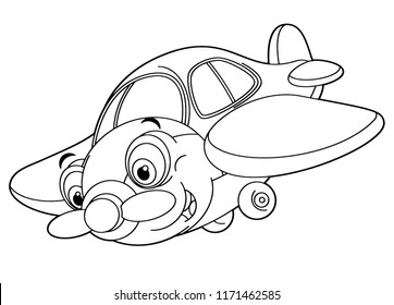 cartoon happy traditional plane with propeller smiling and flying - vector coloring page for children