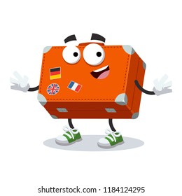 cartoon happy travel suitcase mascot smiling on white background