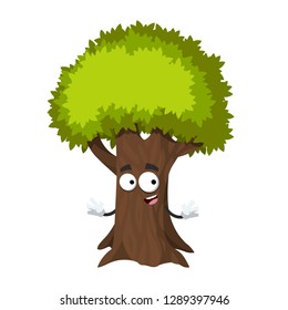 cartoon happy tree with green foliage mascot smiling on white background