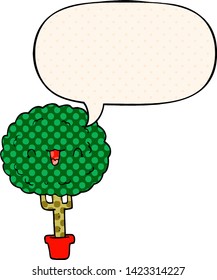 cartoon happy tree with speech bubble in comic book style