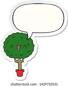 árbol feliz de dibujos animados con pegatina de burbujas de voz
