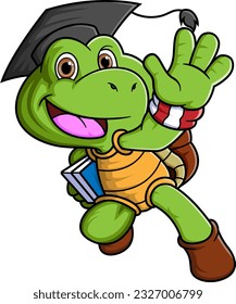 Cartoon happy turtle with backpack and book of illustration