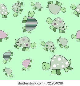 Cartoon happy turtle seamless vector background, in mint green, shades of green, pink and mauve