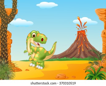 Cartoon happy tyrannosaurus dinosaur in the prehistoric background