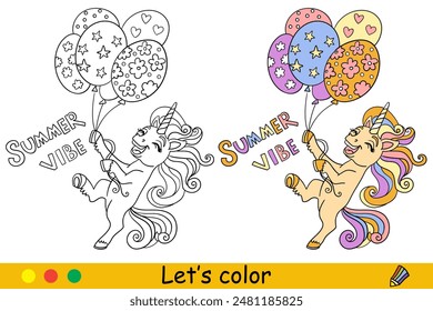 Cartoon happy unicorn with balloons and lettering. Kids coloring book page. Unicorn character. Black contour with color template. Vector illustration. For coloring, print, design, stickers