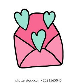 Cartoon happy Valentines day envelope with hearts flying away. Hand drawn envelope with declaration of love on Valentine's day. Send love message in envelope on Valentine's, Mother's or Women's Day.