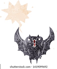 Cartoon Happy Vampire Fledermaus mit Sprachblase in brüchiger Retro-strukturierter Stil